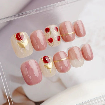 Qfdian 10Pcs Handmade Short Press On Nails Painted Little Rose Sweet Fake Nails Round Head False Nails Gentle for Girl Manicure Salon